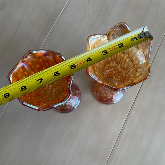 Vintage Rare Set of 2 Fenton Marigold Carnival Amber Glass Vase, Mid-Century - Picture 4 of 8